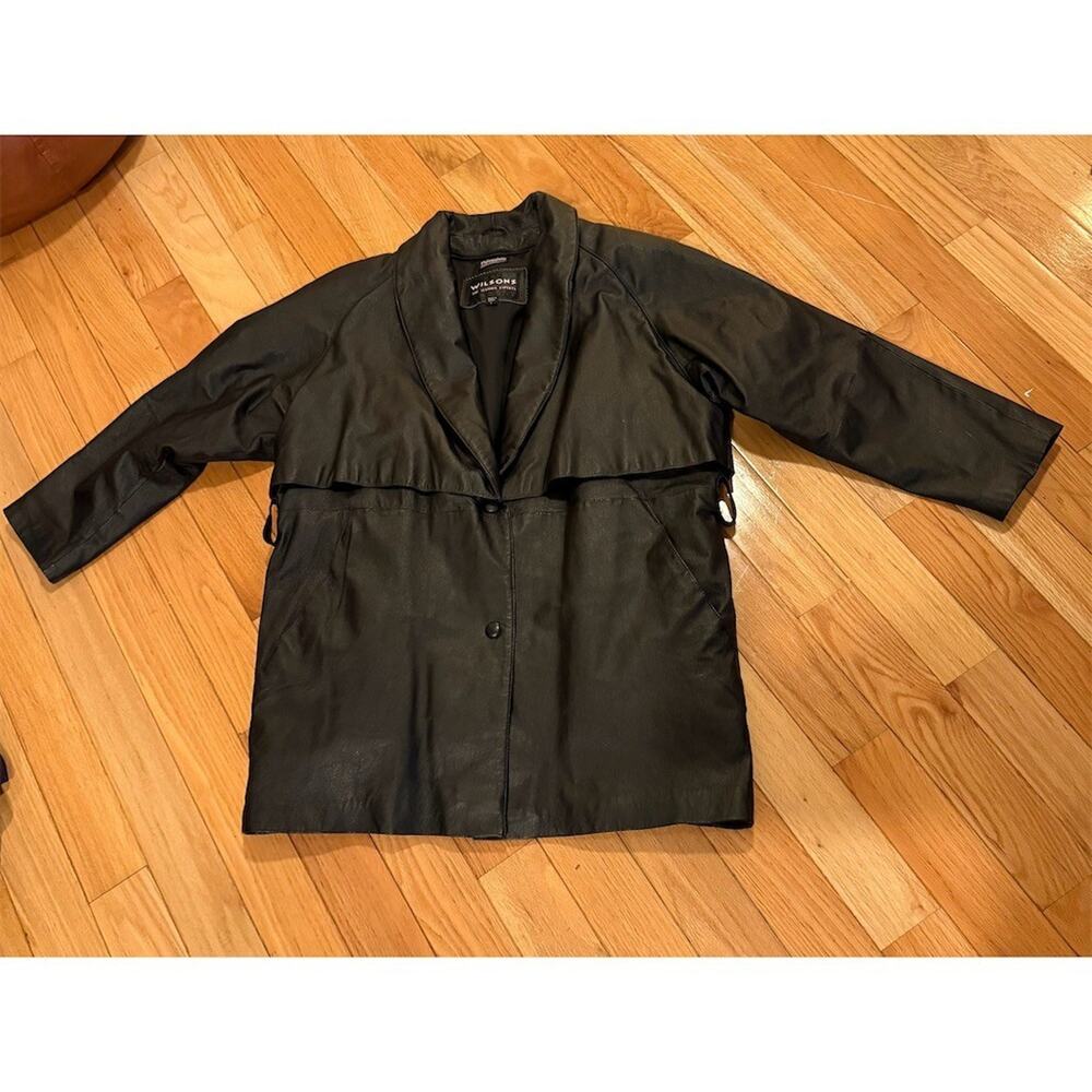 Wilsons Leather Trench Coat Womens Size L Black Mid-Length Insulated No Belt